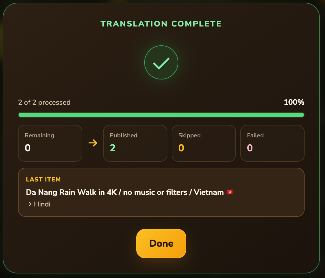 YT Localizer result window showing published, skipped, failed, and remaining localization totals